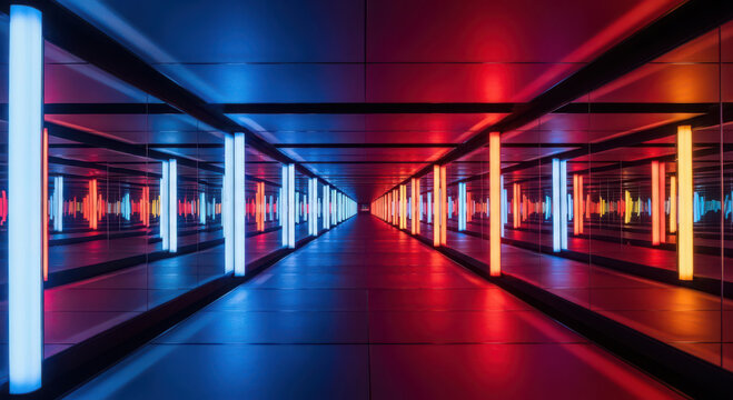 Futuristic reflective tunnel with vibrant blue and red neon lights, abstract - Powered by Adobe