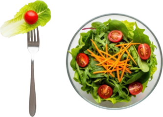 Fresh green salad with cherry tomatoes and shredded carrots in a bowl next to a fork with a single lettuce leaf and tomato Healthy Food Vegetable Meal