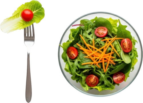 Fresh green salad with cherry tomatoes and shredded carrots in a bowl next to a fork with a single lettuce leaf and tomato Healthy Food Vegetable Meal