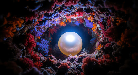 Ethereal luminous pearl glowing within a vibrant underwater coral cave.