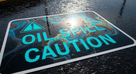 Oil Spill Hazard Sign Displays Environmental Damage on Reflective Surface