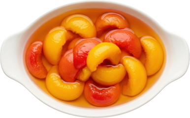 Halved canned peaches with vibrant orange and red hues submerged in light syrup presented in a smooth white oval dish halved peaches fruit sweet food dessert