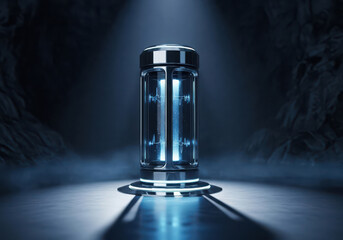 Futuristic glowing capsule with energy pulse in a smoky, mysterious setting