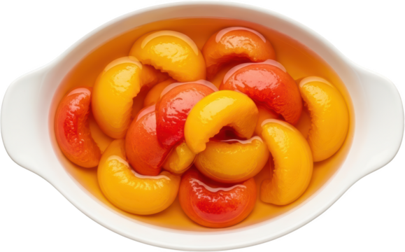 Halved canned peaches with vibrant orange and red hues submerged in light syrup presented in a smooth white oval dish halved peaches fruit sweet food dessert
