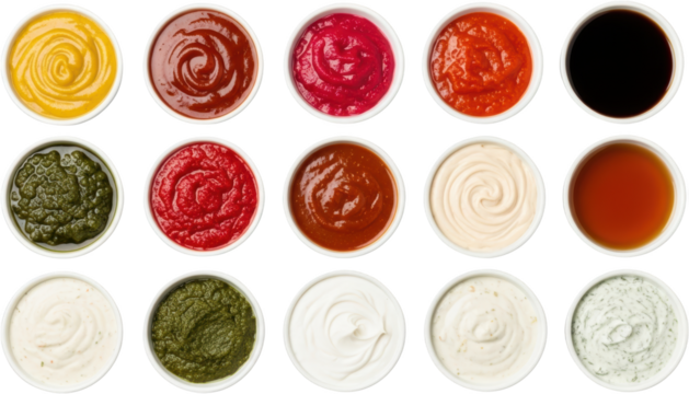 Assortment Of Fifteen White Ceramic Bowls Filled With Various Colorful Sauces Dips And Condiments On A Transparent Background Food Ingredient Preparation Culinary