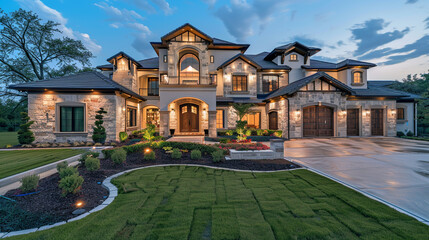 Elegant Modern House Front with Clear Blue Sky and Spacious Green Yard