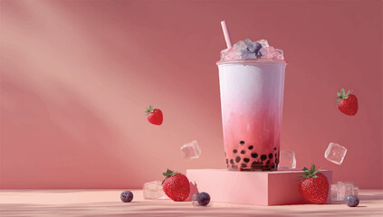Strawberry Bubble Tea with Fresh Berries and Ice on Pink Background