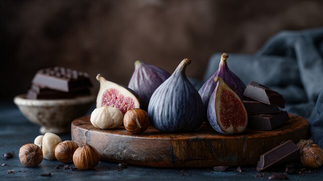 Minimal dessert board with figs, nuts, and dark chocolate, subdued palette