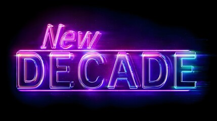 New decade neon text with glowing futuristic pink and blue light effect on black background