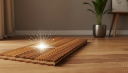 Close up of a wooden floor with a bright light shining on it