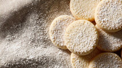 Minimalist flat lay of vanilla shortbread cookies dusted with powdered sugar on beige linen background, soft winter light, copy space