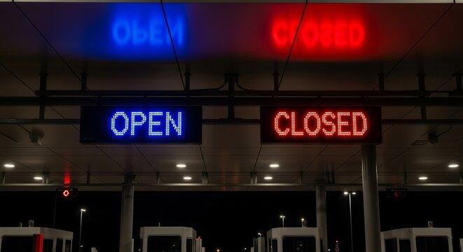 Open And Closed Electronic Signs Announce The Status Of The Entrance Or Exit Point