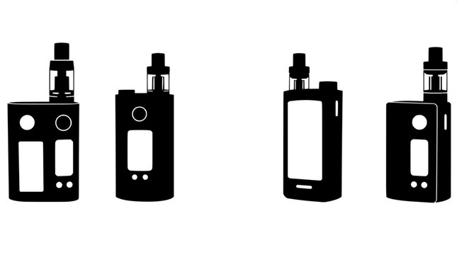 Flat, high-contrast illustration of four distinct vape devices in black silhouette with white button and screen details, arranged symmetrically in a balanced composition on a clean white canvas, featu