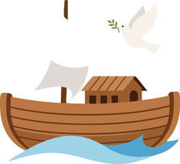 A white dove holding an olive branch flies over a wooden boat representing Noah's Ark on the water.