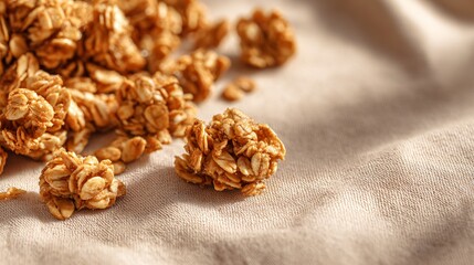 Obraz premium Oat and honey granola clusters scattered on rustic beige background, copy space above