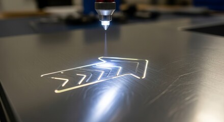 Precision Laser Engraving Creates Detailed Arrow Design on Metal Surface with Bright Illumination