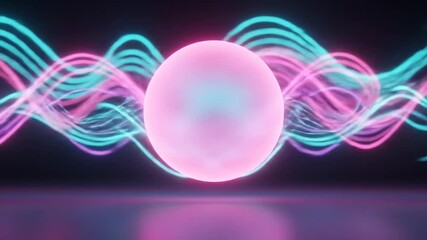 A glowing pink orb hovers over a reflective surface, with vibrant pink and cyan neon waves flowing in the dark background - Powered by Adobe
