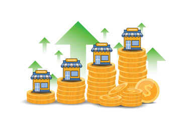 Franchise Business Growth Concept. Stores on Increasing Stacks of Gold Coins with Green Up Arrows.