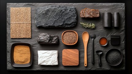 A collection of natural elements including stones, spices, wood, and food items are artfully arranged on a dark, textured slate surface.