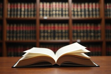 A serene scene in a grand courtroom: an open law book on a wooden desk, pages fluttering in a soft breeze