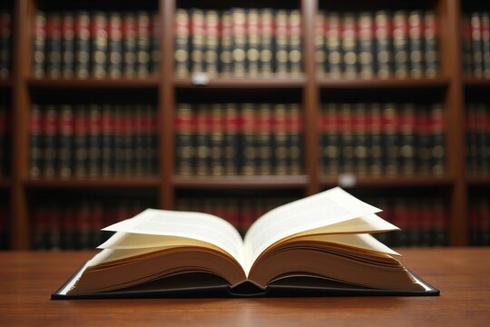 A serene scene in a grand courtroom: an open law book on a wooden desk, pages fluttering in a soft breeze