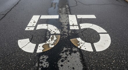 Painted Digit Numbers 55 On Road Surface With Cracks And Water Patches Details.