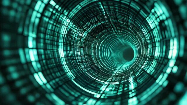 Abstract digital tunnel with glowing grid lines and circular patterns dark background