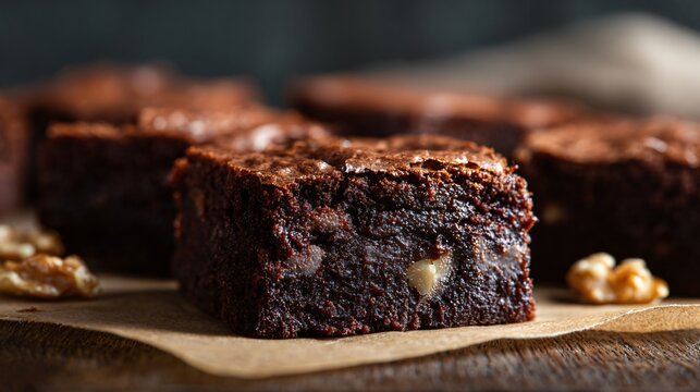 Walnut brownies cut into small minimalist squares on parchment, warm tones