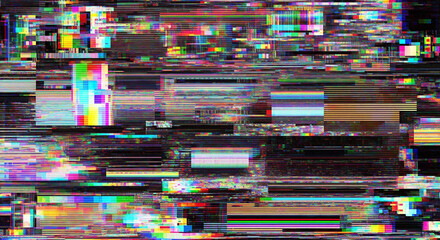 Abstract colorful digital glitch texture background with distorted horizontal lines and static noise.