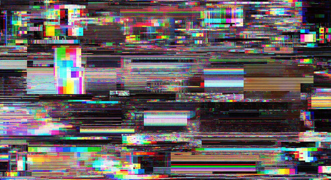 Abstract colorful digital glitch texture background with distorted horizontal lines and static noise.