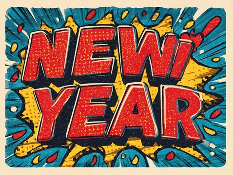 New year retro comic book style sign with halftone dots and burst background