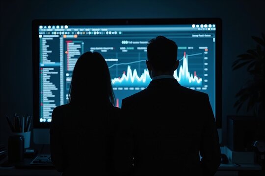 Two Business Professionals in Dimly Lit Room Engrossed in Data Analysis on Computer Screen