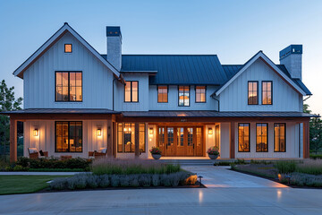 Elegant Wood-Accented Farmhouse in Soft Evening Glow