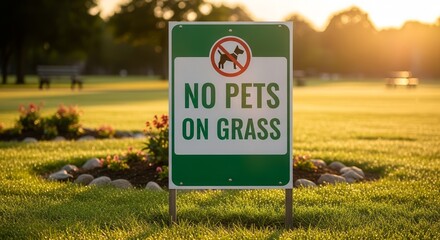 Park Regulation Sign Clearly States That Pets Are Not Allowed On The Green Grass Area