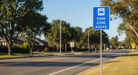 Park Zone Directional Sign Guiding Vehicles on Roadway for Parking in Specific Area