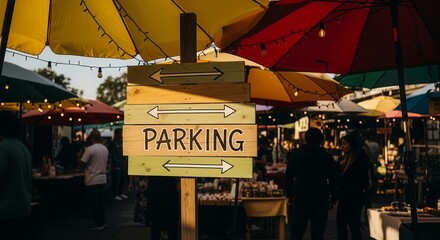 Parking Directional Sign Leading To An Outdoor Market With Colorful Umbrellas and People