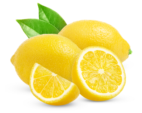 Lemons isolated over white. Lemon fruit whole and a half and a slice with green leaves. Side view on white background.