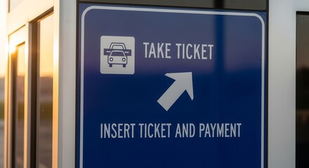 Parking Lot Sign Indicating Ticket Issuance, Payment Direction, And Automated Processing Systems