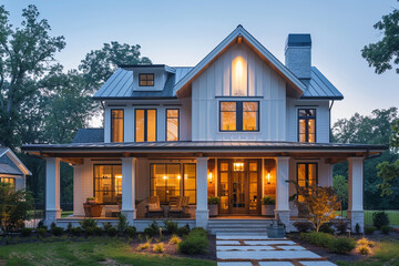 In the soft twilight, a beautiful modern farmhouse stands with elegant wood accents, tall windows, and a cozy front porch. The serene ambiance is highlighted by soft exterior lighting.