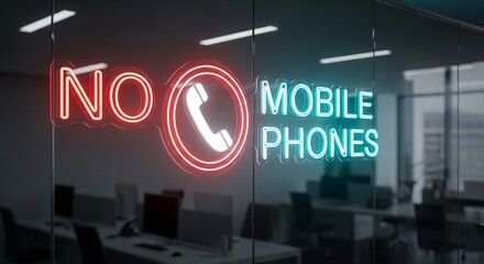 Prohibition of Electronic Devices In Modern Office Spaces Illuminated By Neon Signs