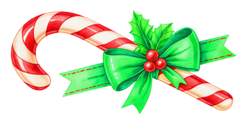 A hand-drawn style Christmas candy cane with bold diagonal stripes in deep red and creamy white slightly rounded edges on a png background. Glossy green satin ribbon bow tied neatly around the middle.