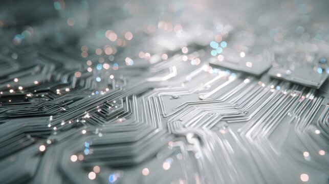 Abstract circuit board design illuminated with ethereal bokeh effects
