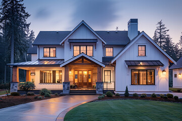 Modern Farmhouse at Twilight with Warm Exterior Lighting
