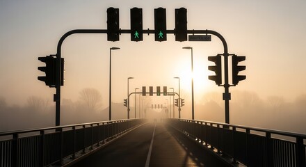 Pedestrian Crossing Illuminated in Early Morning Mist Illuminated At Dawn Over Bridge