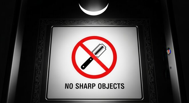 Prohibition of Sharp Objects displayed on a wall with detailed frames dark ambiance