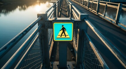 Pedestrian Crossing Sign on a Sunlit Bridge Over Tranquil Water, Peaceful Scenario