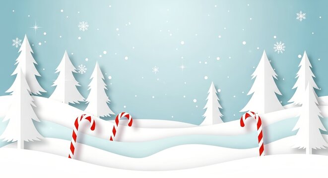 Magical winter landscape with candy canes and snowflakes falling gently - Powered by Adobe