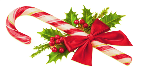 A hand-drawn style Christmas candy cane with bold diagonal stripes in deep red and creamy white slightly rounded edges on a png background. Glossy red satin ribbon bow tied neatly around the middle.