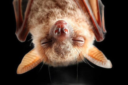 Close-up of a small brown bat hanging upside down while sleeping