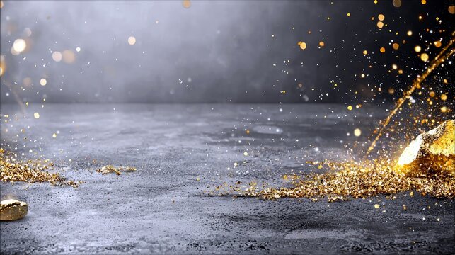 A close-up shot of gold nuggets and shimmering gold glitter scattered across a textured concrete surface, with a soft bokeh background.